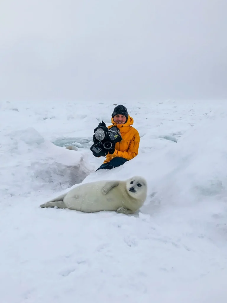 Jordan Hamelin a wildlife filmmaker standing with a baby harp seal in the wild for a documentary by National Geographic